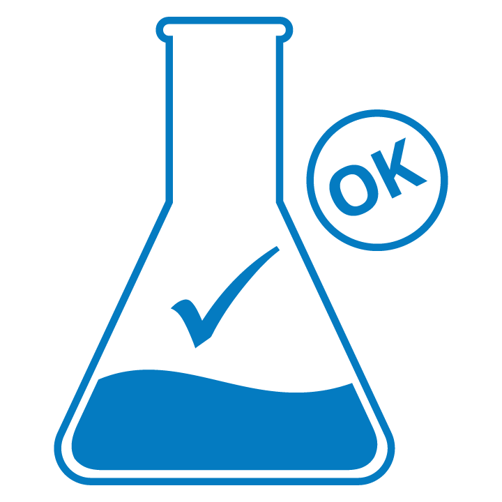 blue lab beaker with a checkmark and the text OK