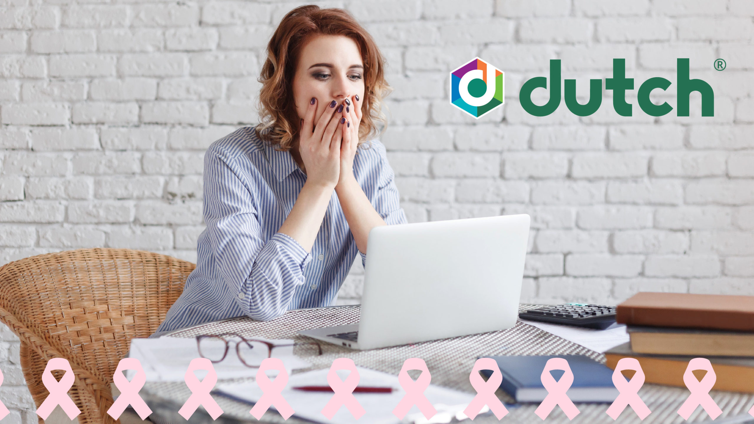 Concerned Female at Laptop with Logo and Breast Cancer Ribbon