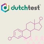 an estrogen molecule with pink ribbons for breast cancer awareness and the dutch test logo