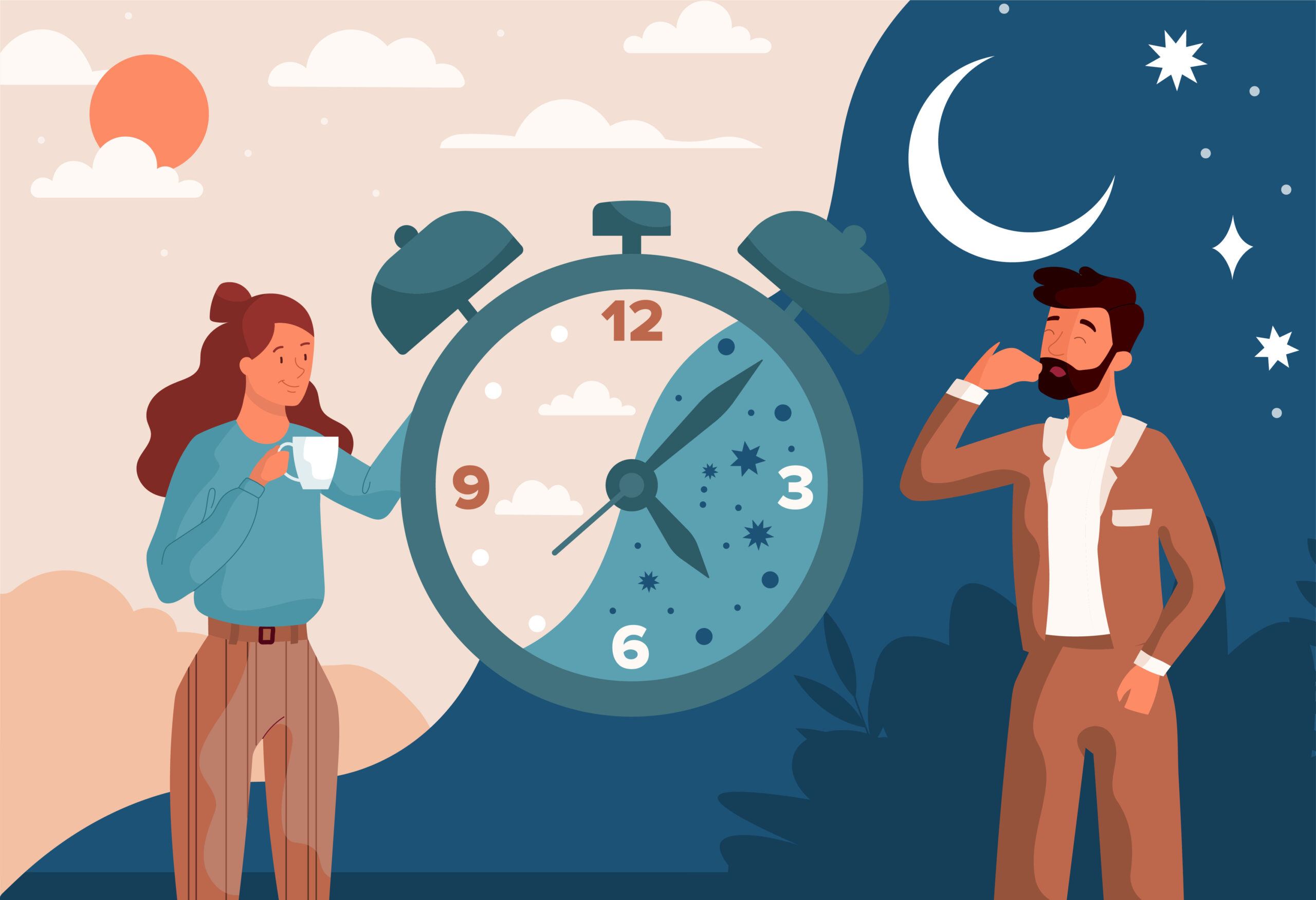 Circadian rhythm concept. Healthy day and night cycle. Man falls asleep, and woman turns off the alarm clock and falls asleep. Cartoon modern flat vector illustration isolated on colorful background